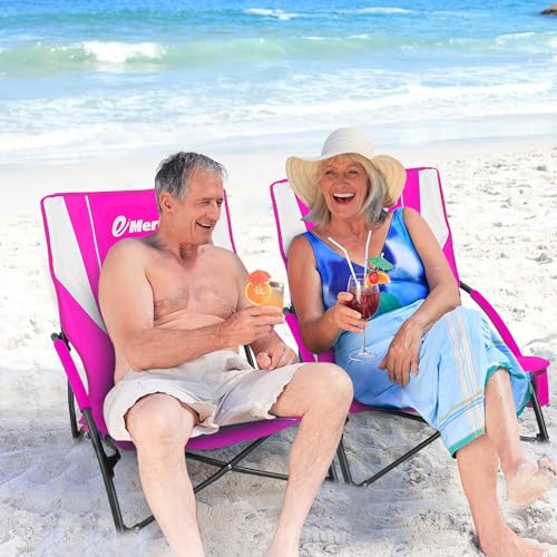 EMERIT Low Beach Chairs for Adults with Removable UPF 50+ Umbrella, Lightweight Folding Backpack Camping Chair with Cup Ho...