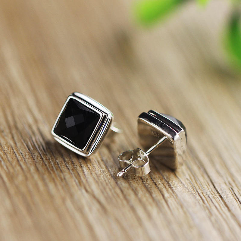 S925 Silver Accessories Cut Black Agate Stud Earrings