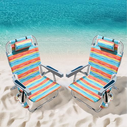PASAMIC Backpack Beach Chairs for Adults 2 Pack Portable, Lay Flat Reclining Beach Chairs with 5 Positions, Tall Heavy Dut...