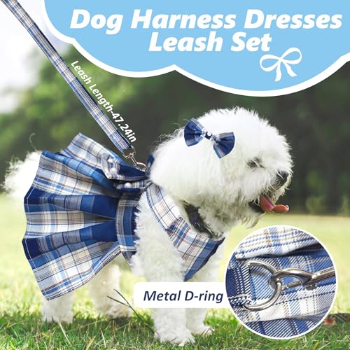 Dog Dress Bowknot Harness Leash Set for Small Dogs Girl Cute Plaid Dog Dress Pearls Bow Tie Spring Summer Princess Clothes...