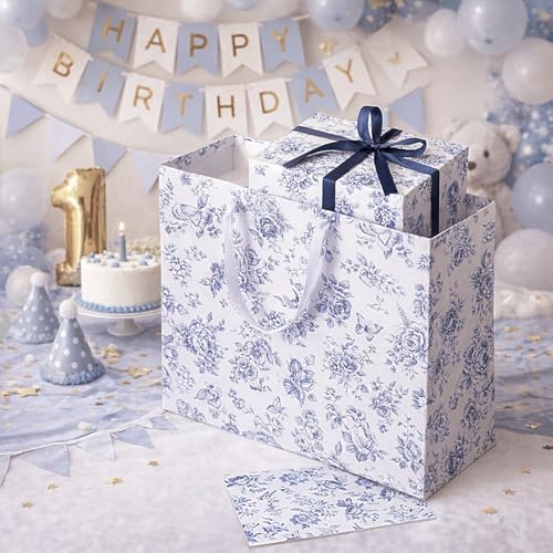 woric 14.5" Large Bridal Shower Gift Bag, Blue Floral Wedding Gift Bag with Greeting Card and Tissue Paper for Women Weddi...