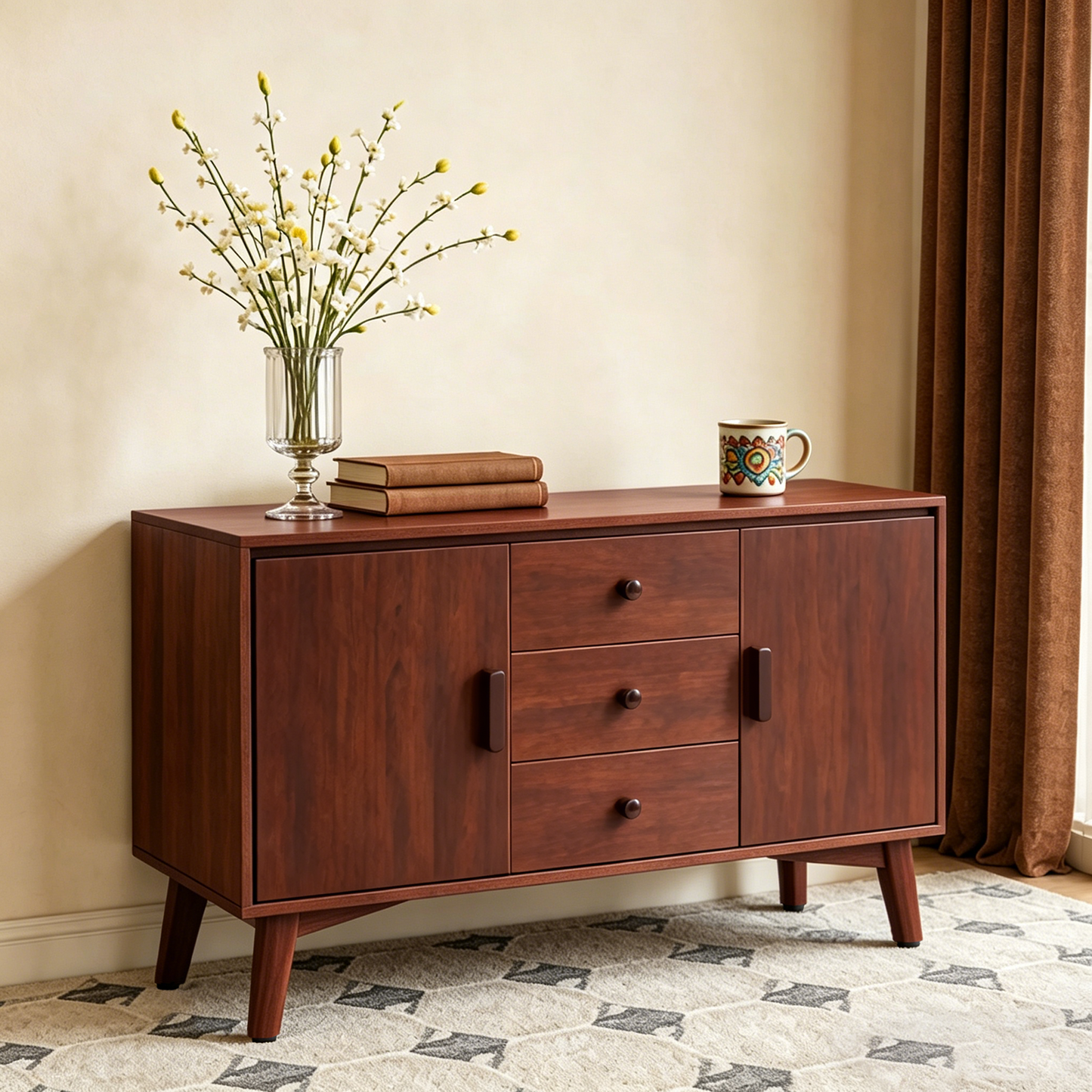 47.3  Mid Century Modern Sideboard Buffet Cabinet, Kitchen Buffet Cabinet With Solid Wood Frame Legs & Wooden Handle, Storage Cabinet With 2 Doors And 3 Drawers For Kitchen,Dining,Living Room, Walnut