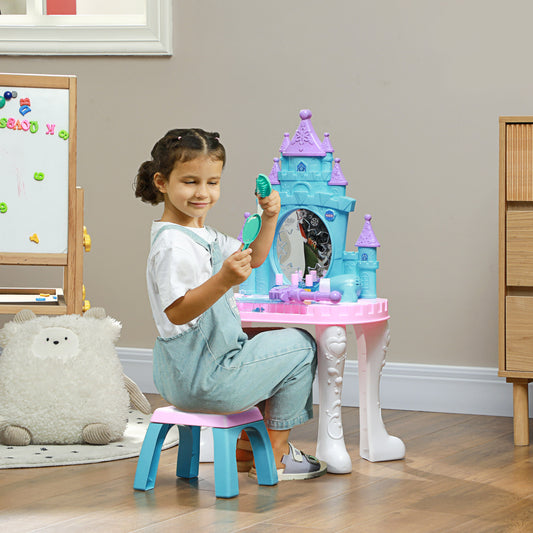 Kids Vanity Set with Mirror and Stool, Light, Music, Castle Design Makeup Table for Girls 3-6 Years, Multicolor