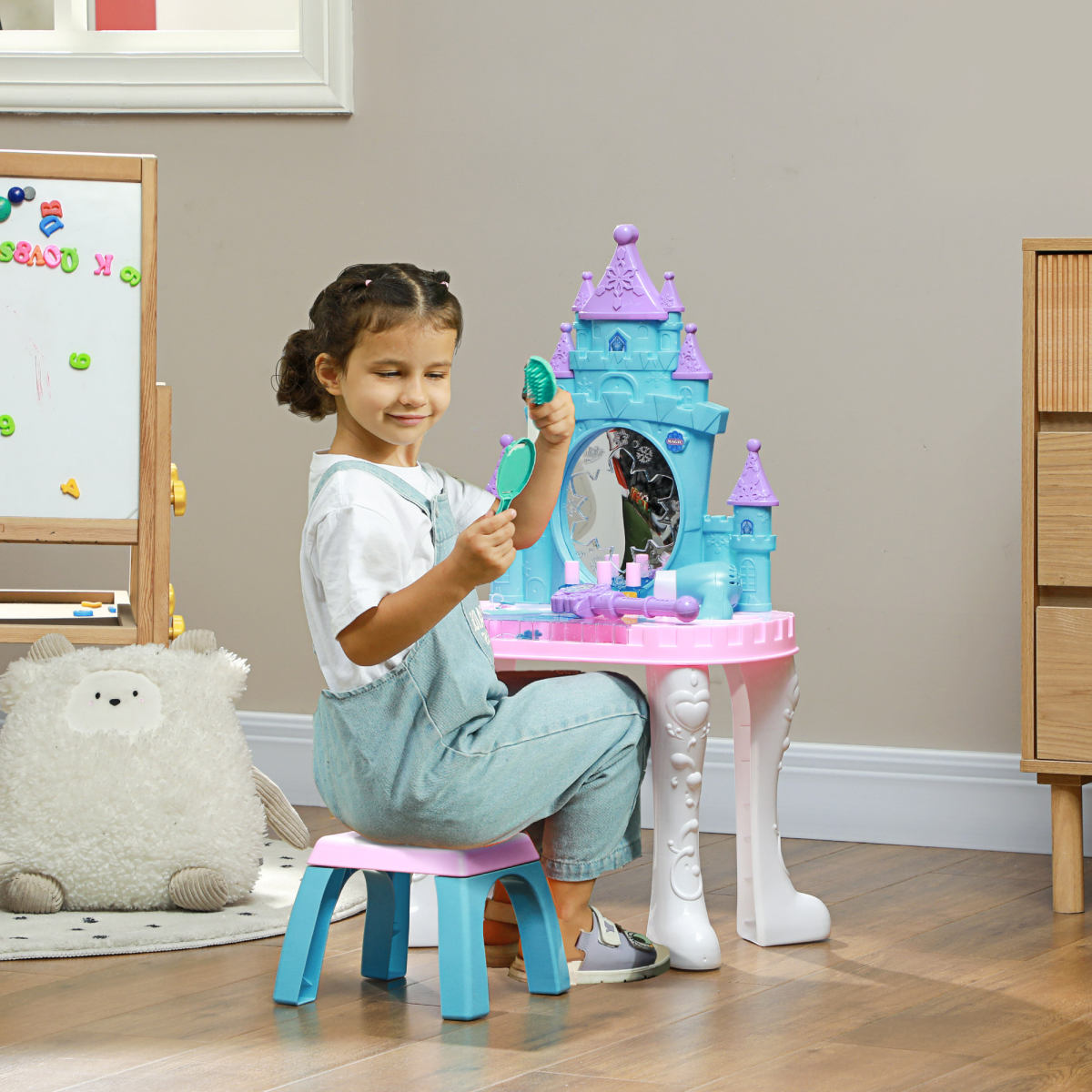 Kids Vanity Set with Mirror and Stool, Light, Music, Castle Design Makeup Table for Girls 3-6 Years, Multicolor