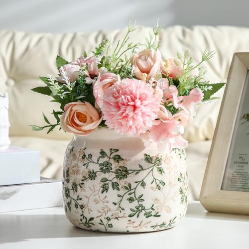 Ninehaoou Vintage Planter Large Ceramic Plants Pot Green Pink Pastoral Floral Ice Crack Cottage Scroll Vase Flower Vase Po...