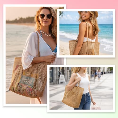 Yuomeaz Mesh Beach Bag, Beach Tote Bag for Women, Summer Travel Sandproof Woven Shoulder Handbag for Swimming