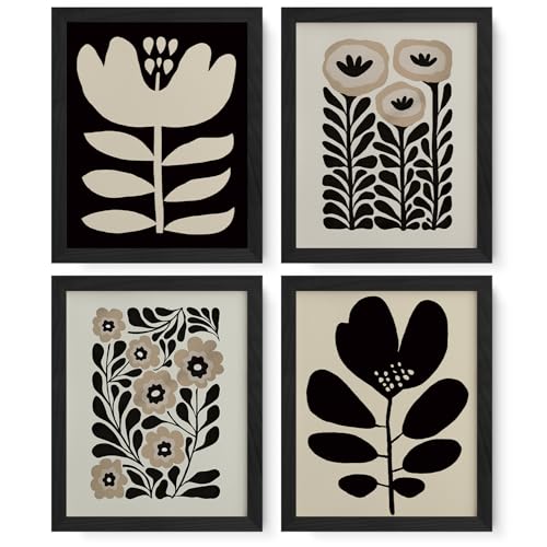 JXREQ Vinatge Boho Abstract Matisse Floral Wall Art, Mid Century Modern Abstract Black and Beige Floral Wall Decor for Hom...
