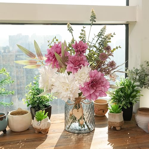 LUEUR Artificial Dahlia Flowers with Vase – Rose Red Faux Flower Arrangement, Romantic Floral Centerpiece Table Decoration...