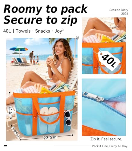 Yeendibo 2026 Chic & Spacious XX-Large Beach Bag for Women — Mesh × Canvas Tote with Top Zipper, 11 Pockets, Detachable Po...