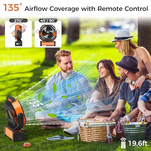 Camping Fan with Light - 20000mAh Rechargeable Battery Fan, 112Hrs Max Run Time, 8 Speeds, Digital Display, Timer, Auto Os...