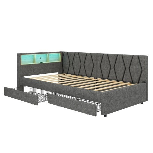 3ft Single Daybed With Two Storage Drawers, LED Modern Bed Frame With Charging Station, Linen Sofa Bed For Living Room Bedroom Study Room, 90X190cm, Easy Assembly, Grey