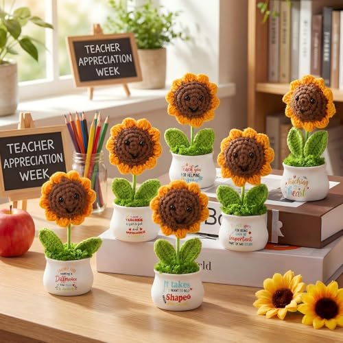 6 Pcs Teacher's Day Gift Bulk Teacher Appreciation Gift for Women Thank You Crochet Sunflower with Sticker Retirement Grad...