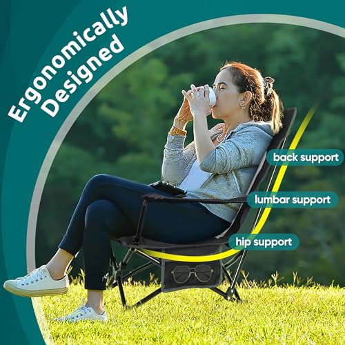 HaSteeL Folding Beach Chair Set of 2, Foldable Black Camping Chairs for Outside, Low Beach Chair Portable for Adults Fishi...