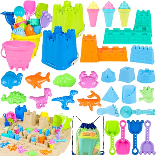 REZUCREY Beach Toys for Kids Toddlers, Sand Castle Toys with 4 Sand Bucket and Shovels, Mesh Bag & Molds, Ice Cream Travel...
