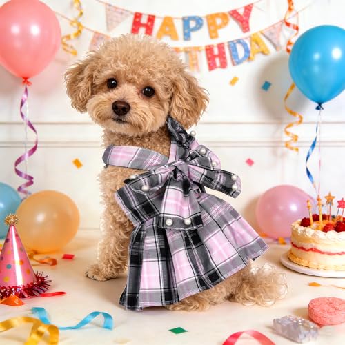 YKYUASD Dog Plaid Dress Harness and Leash Set with Pearls Bow Adjustable Puppy Dress Mesh Vest Bow Knot Pet Clothes for Cu...