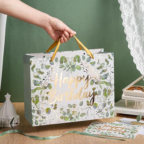 WRAPAHOLIC 13" Large Birthday Gift Bag with Card and Tissue Paper - Green and Gold Foil Eucalyptus Paper Bags for Kids Bir...