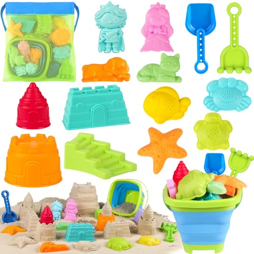 Collapsible Beach Toys for Kids Toddlers, Foldable Sand Bucket and Shovels Set with Mesh Bag & Sand Castle Building Kit, T...