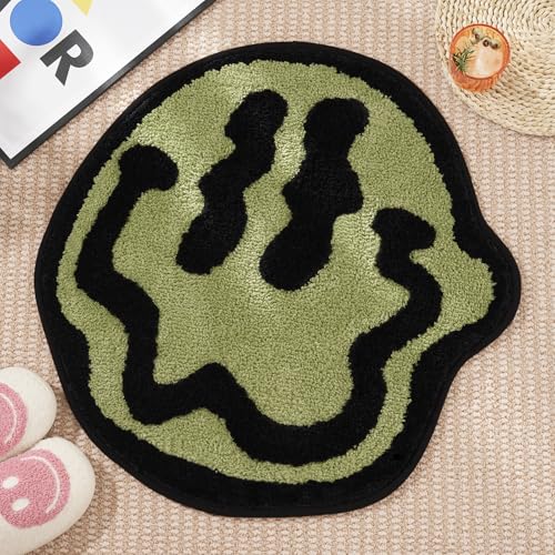 ELDONE Trippy Happy Face Bath Mat Green- Cool Rugs for Bedroom, Cute Bath Mat, Hippie Rug Non-Slip, Sage Green Fun Funky T...