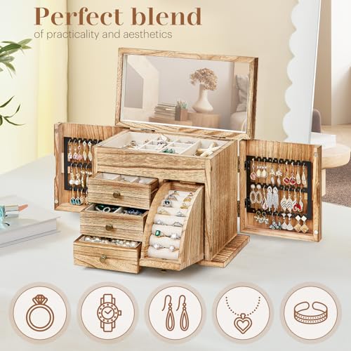 Poyilooo Jewelry Box Organizer, Solid Wood Jewelry Boxes fow Women with Mirror, Double Layer Jewelry Organizer Box Display...