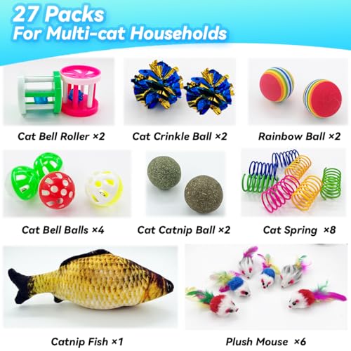 QUVOVID Cat Toys 27 Packs Combo Set, Cat Catnip Fish and Ball Toy, Cat Bell Balls Crinkle Balls, Cat Spring Toys, Plush Mi...