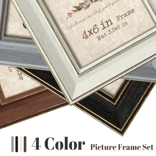 4x6 Picture Frames Set of 4, Rustic Farmhouse Photo Frame with Tempered Glass, Distressed Vintage Frame Bulk 3.5x5 With Ma...