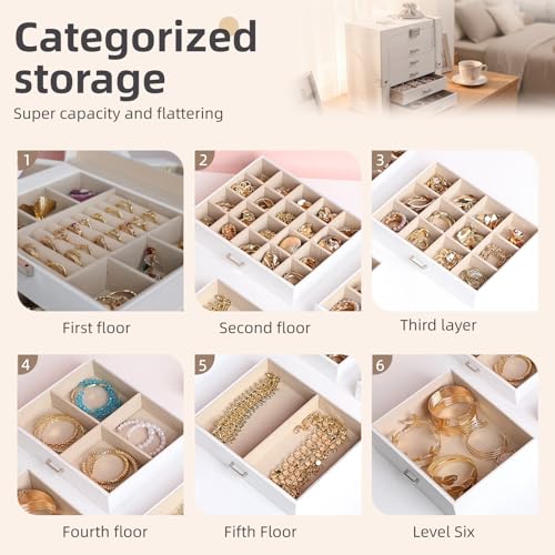 BOOVO Jewelry Box For women, 6 Layer Large Jewelry Organizer With Mirror, Multi-Function Storage Box With Lock, Necklace H...