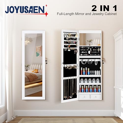 JOYUSAEN Mirror Jewelry Cabinet, Wall/Door Mounted Jewelry Armoire with Full-Length Mirror, Hanging Jewelry Organizer with...