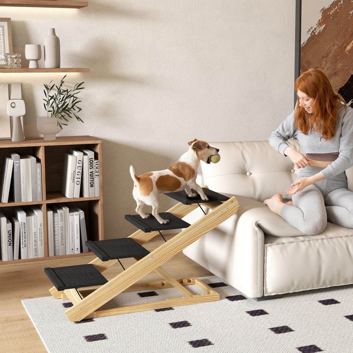 PawHut Adjustable Dog Steps Dog Ramp, 4-Step Non-slip Pet Stairs For Large Sized Dogs, Foldable Dog Stairs For Bed Sofa