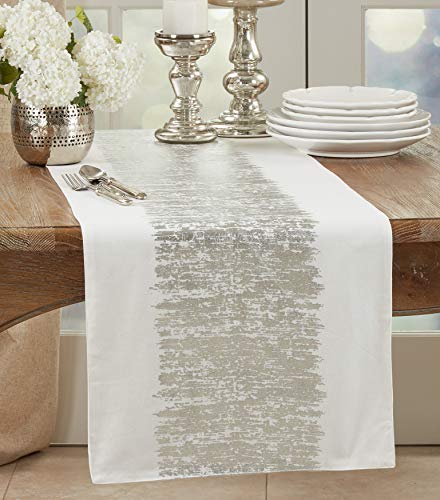 SARO LIFESTYLE Agatha Collection Metallic Banded Design Cotton Table Runner, 16" x 90", Silver