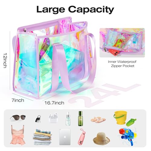 KUAK Iridescent Clear Beach Tote Bag for Women Girls Large Waterproof with Inner Zipper Pocket for Swim Pool Travel Vacation