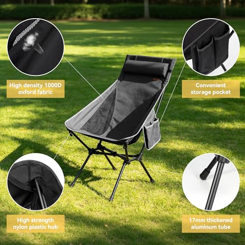 TOBTOS Portable High Back Camping Chair, Support 440 lbs, Ultralight Folding Chair with Head Support, Compact Backpacking ...