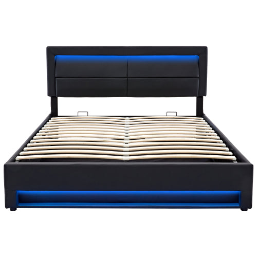 Upholstered Bed 150 X 200 Cm, King Size Bed-5ft,with USB Port Supports Wireless And Wired Charging, With LED Lighting And Storage Space, Without Mattress, PU Lychee Pattern, Black