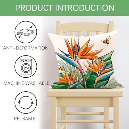 Fjfz Hello Summer Vibes Flamingo Decorative Throw Pillow Covers 16 x 16 Set of 4, Tropical Hibiscus Flower Floral Porch Ou...