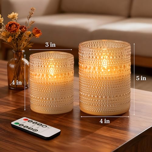 Velsyn Dotted Glass Flameless Candles with Remote Timer, Real Wax Battery Operated LED Pillar Candles with 3D Flickering F...