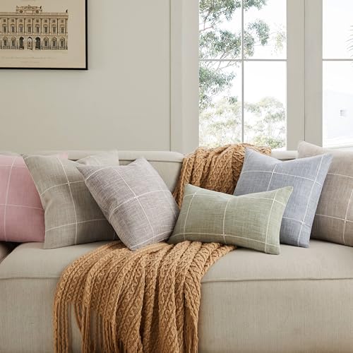 YZJZEDS 2 Packs Grid Embroidery Throw Pillow Covers, 22x22 Inch Blue, Farmhouse Linen Decorative Dusty Blue Cushion Covers...