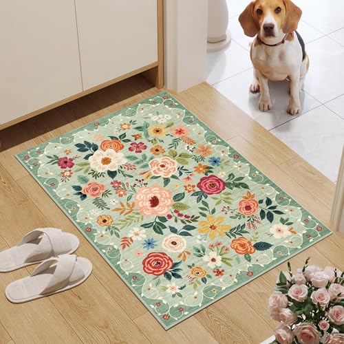 DUKINO 2x3 Rugs for Entryway, Floral Indoor Washable Front Door Mat, Non Slip Boho Small Carpet, Soft Low Pile Throw Rug f...