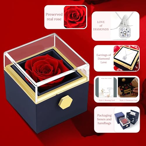 Preserved Real Rose Rotate Box with Love of Diamonds Necklace -Eternal Flowers Rose Flower Romantic Gifts for Mom Wife Gir...