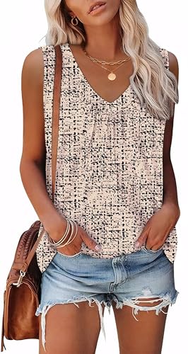 OFEEFAN Tank Top for Women Loose Fit Sleeveless Shirts V Neck Summer Clothes Ruched Women's Tees and Tanks Curved Hem