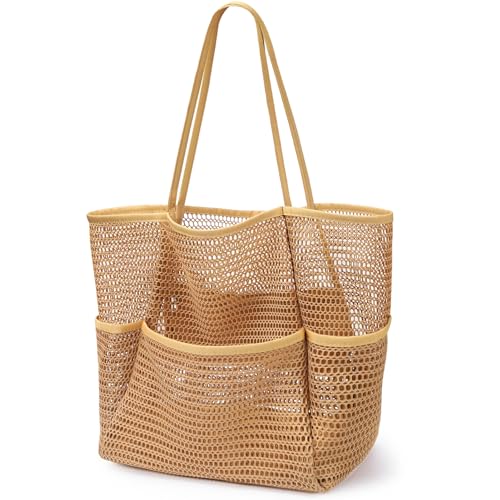 KPX Beach Bag with Mini Pocket, Summer Beach Tote Bags for Women Large Foldable Mesh Swimming Pool Travel Bags - Sandproof