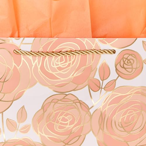 SUNCOLOR Large Gift Bag with Tissue Paper and Card, Rose Gold, Large 13W x 10.2H x 4.7D inches, for Wedding, Bridal Showe...