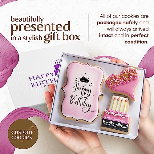 Happy Birthday Gift Basket Custom Sugar Cookies - Happy Birthday Cookies in Gift Box, Hand Decorated Kosher Treats for Wom...