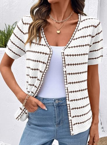 Dokotoo Cardigan Sweaters for Women Spring Summer Short Sleeve Crochet Striped V Neck Button Casual Lightweight Knit Tops