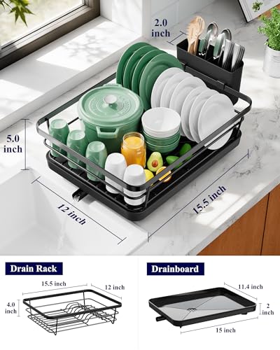 Kitsure Dish Drying Rack for Kitchen Counter, Stainless Steel Sink Organization and Storage Essentials with Cutlery Holde...