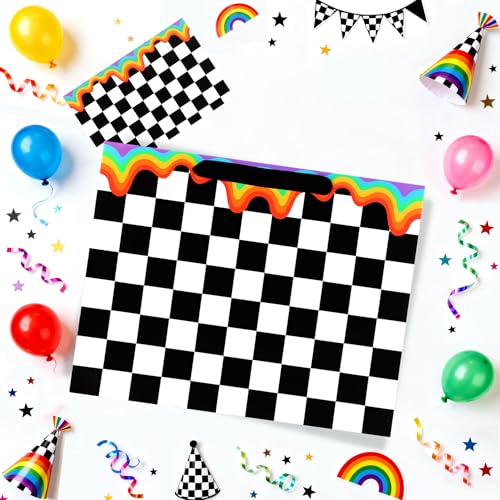 ASYEHJNR 13" Large Size Checkered Rainbow Gift Bag Black and White Plaid Gift Bag with Greeting Card and Tissue Paper for ...