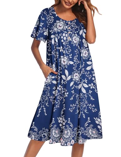 Ekouaer House Dress for Women with Pockets Short Sleeve Moo Moos Plus Size Nightgowns Floral Print Mumu Dresses