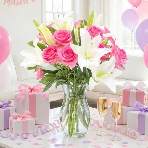 Benchmark Bouquets - Oriental Lily Flower & Pink Roses Bouquet - Fresh Flowers for Delivery - Real Flowers in a Vase - Gif...