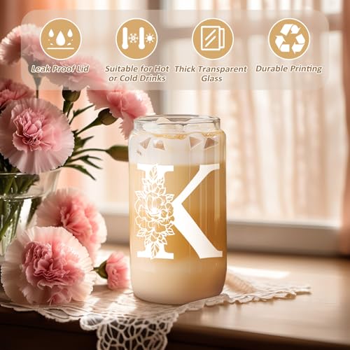 Coolife Initial Glass Cup, Monogrammed Gifts for Women, 16oz Glass Cups w/Lids Straws, Iced Coffee Smoothie Beer Tumbler ...