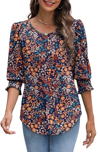 XIEERDUO Blouses for Women Dressy Casual 3/4 Length Sleeve Womens Tops with Smocked Cuffs