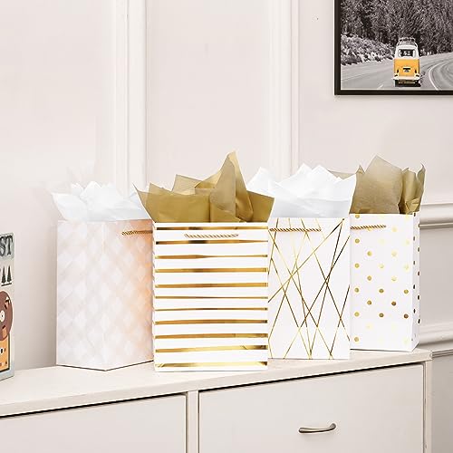 Nihuecne 9" Gift Bags Medium Size with Tissue Paper, 4 Pack White Gold Wrap Paper Gift Bags with Handles for Shopping Part...