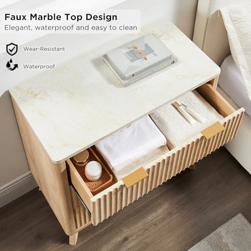 T4TREAM Fluted 3 Drawers Nightstand Set of 2, Oversized Extra Large Modern Side Table with Faux Marble Top, End Table Beds...